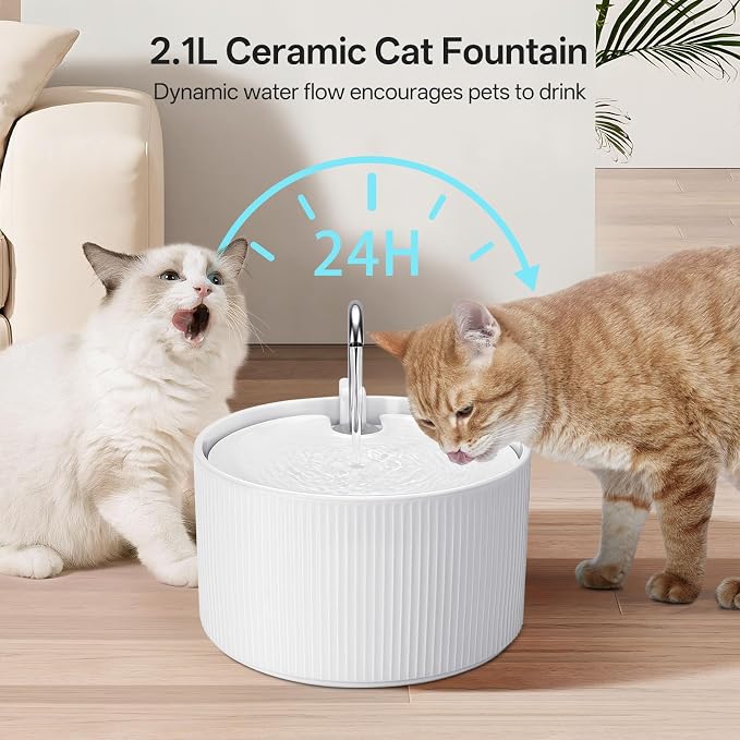 Upgrade Ceramic Cat Water Fountain, 2.2L/78oz Ceramic Cat Fountain, Automatic Ceramic Water Fountain for Cats, Pet Water Fountain with Ultra-Quiet Pump (White) | 2.2L/78oz Ceramic Cat Fountain, Automatic Ceramic Water Fountain for Cats, Pet Water Fount...