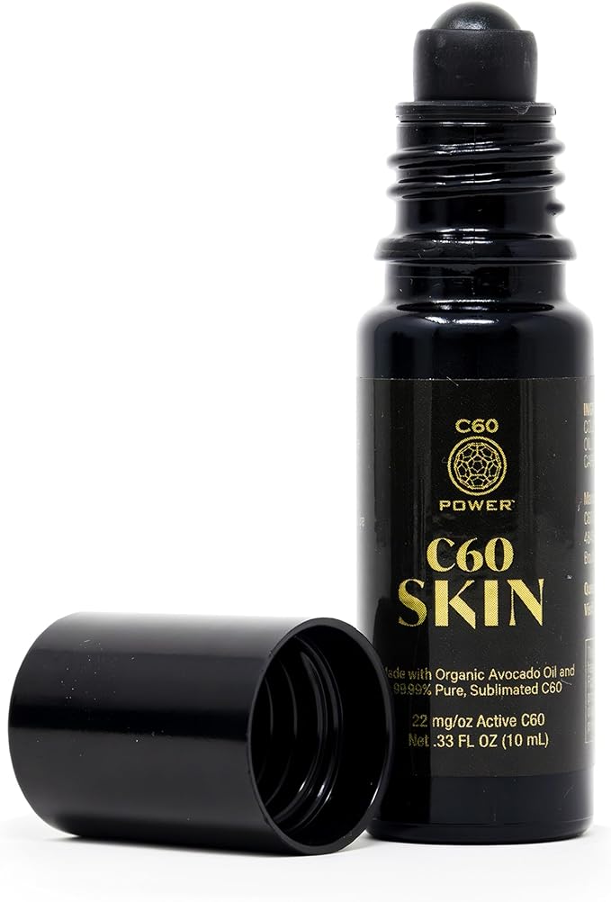 C60 Power Skin Roll On - Roller for Face, Hands & Body, Made with Organic Avocado Oil & 99.99% Pure Sublimated Carbon 60, Age Defying Skin Care, Natural Support for Wrinkles & Dry Patches - 0.33 fl oz