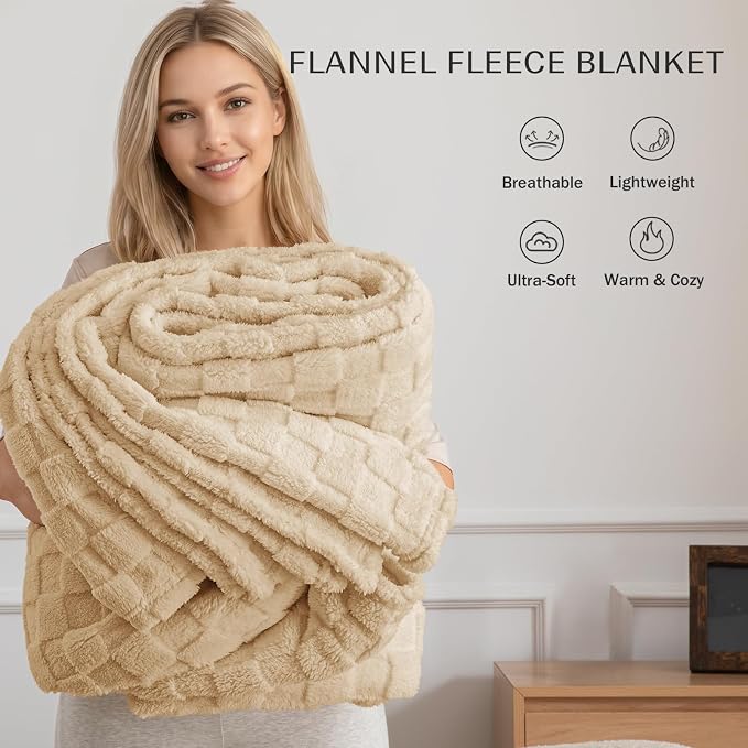Exclusivo Mezcla 3D Checkered Fleece Throw Blanket for Couch, Camel | Super Soft and Cozy Fluffy Throw, Lightweight and Breathable, Cute Fuzzy Blanket for Sofa, Home Decor, All Season, 50"x60"
