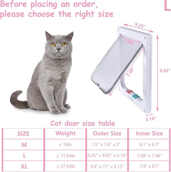 goTeamghjkl Cat Door Flap (Outer Size 9.9" x 9.2"), 4 Way Locking Large Cat Door for Interior Exterior Doors, Weatherproof Pet Door for Cats Doggie Kitties and Kittens with Circumference < 24.8"