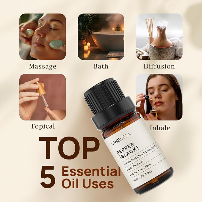 VINEVIDA Black Pepper Essential Oil 10 mL - Undiluted, Pure, Vegan, Reusable Glass Bottle with Euro Dropper