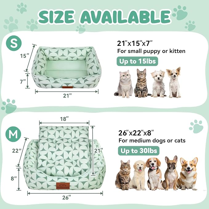 Zerbuger 20in Green Pattern Rectangle Cat Dog Bed Machine Washable Sofa | Sleeping for Large Medium Small Pets Indoor Outdoor, Non-Slip Bottom Soft Puppy Bed Durable Orthopedic Calming Pet Cuddler