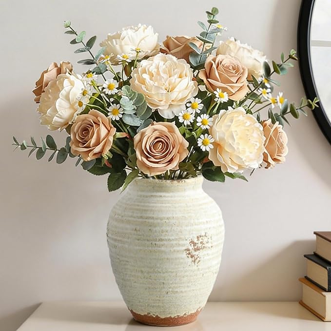 Ceramic Decorative Flower Vase 7.4 Inch Pottery Rustic Farmhouse Boho Terracotta Vase for Home Decor, Table, Living Room, Bathroom, Shelf, Mantel Decoration