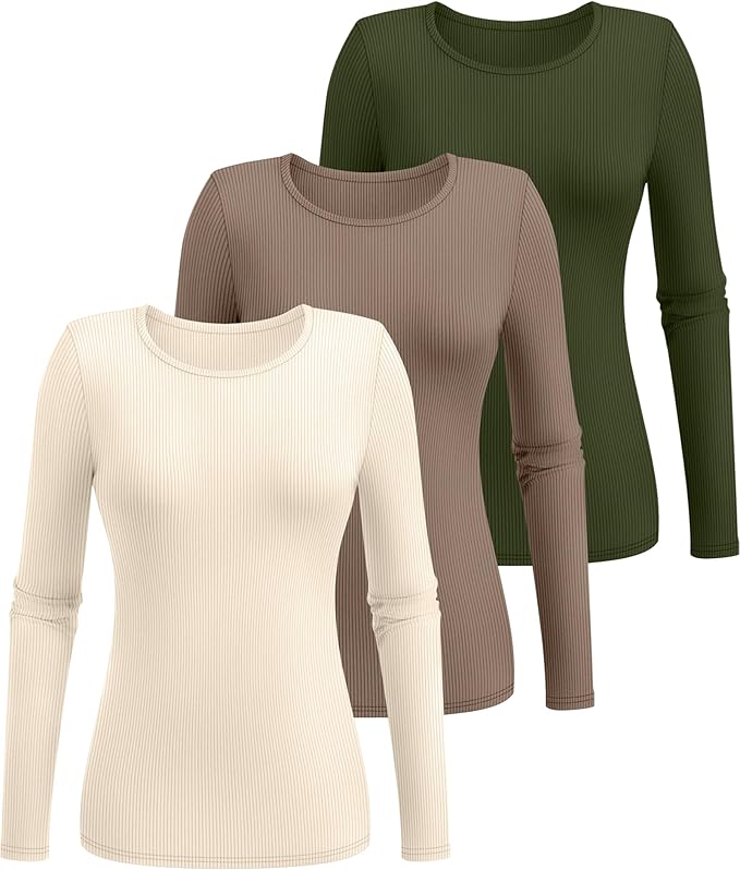 Ficerd 3 Pack Women's Ribbed Long Sleeve Tops, Crew Neck Slim Fit Undershirts Knit Basic Casual Stretch Layering Tee Shirts