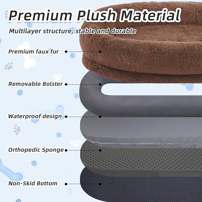 WROS Human Dog Bed, 71"x45"x12" Size Fits You and Pets, Washable Faux Fur Pet Bed for People Doze Off, Napping Orthopedic Dog Bed, Present Plump Pillow, Blanket, Strap - Coffee