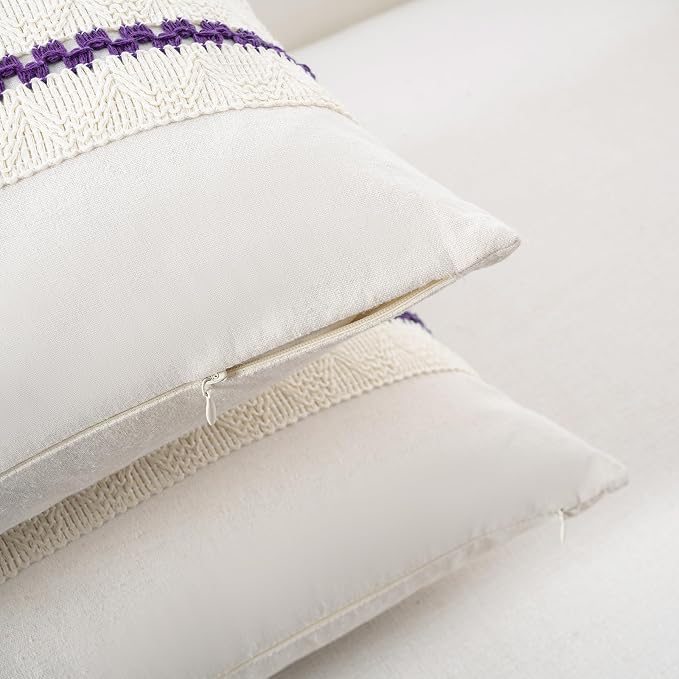Fancy Homi Set of 2 Boho Purple Decorative Throw Pillow Cover 18x18 Inch for Couch Bed Sofa, Aesthetic Modern Organic Farmhouse Home Decor, Soft Cotton Cute Accent Macrame Woven Cushion Case