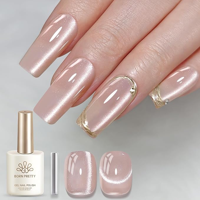 Born Pretty Nude Cat Magnetic Eye Gel Nail Polish,15ML Nude Pink Holographic Shimmer Glitter Magnetic Gel Polish,Reflective Translucent U V Gels for Manicure Salon DIY