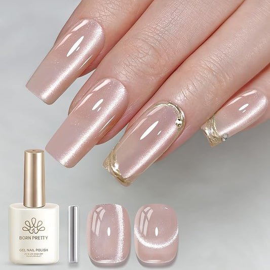 Born Pretty Nude Cat Magnetic Eye Gel Nail Polish,15ML Nude Pink Holographic Shimmer Glitter Magnetic Gel Polish,Reflective Translucent U V Gels for Manicure Salon DIY