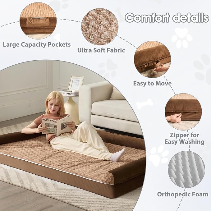 BFPETHOME Orthopedic Washable Human Dog Bed for Adult & Dog Cozy Sleep | Human Size Waterproof Big Soft Pet Couch Bed for Adult & Dogs Relax with Removable Cover Supportive Foam Brown 61x43 Inch