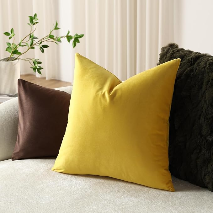 Euro Sham Covers 24x24 Yellow: Pack of 2 Cozy Soft Velvet Square Modern Luxury Decorative Throw Pillow Cases for Sofa Couch Living Room Bed Home Decor