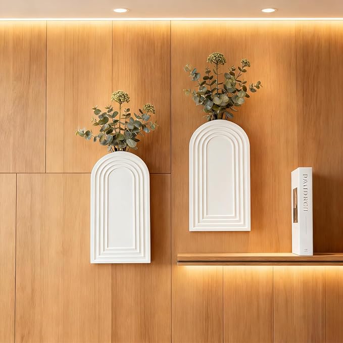 2 Pack Wooden Wall Vase Set, Boho Hanging Planter for Indoor Plants & Flowers, Wood Wall-Mounted Planters for Living Room, Modern Farmhouse Entryway or Bathroom, Rustic Art for Home (White)