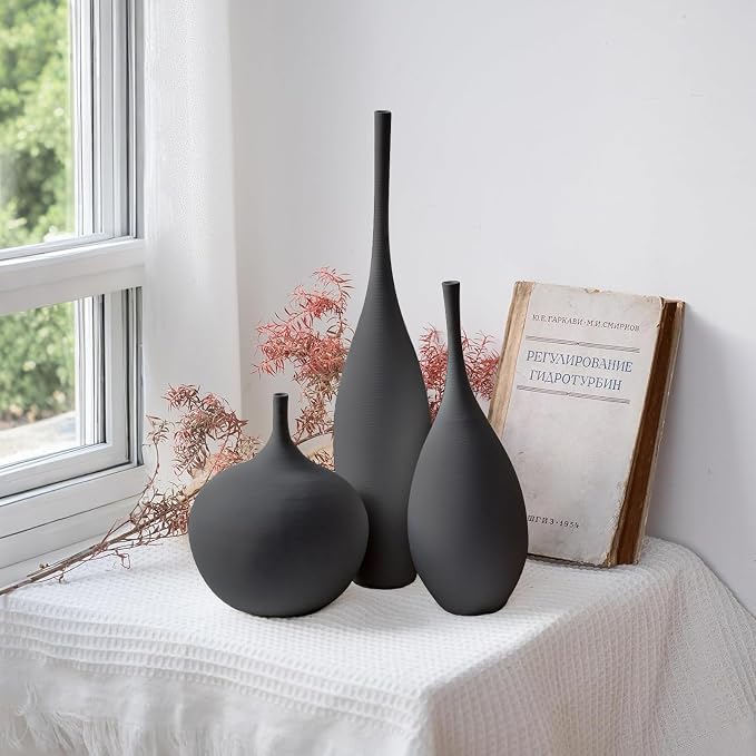 Relexome Black Ceramic Vase Modern Boho Wabi-Sabi Flower Vase Set of 3 Decorative Aesthetic Vases for Centerpieces Matte Minimalist Vases for Living Room Table Shelf Home Decor Gift