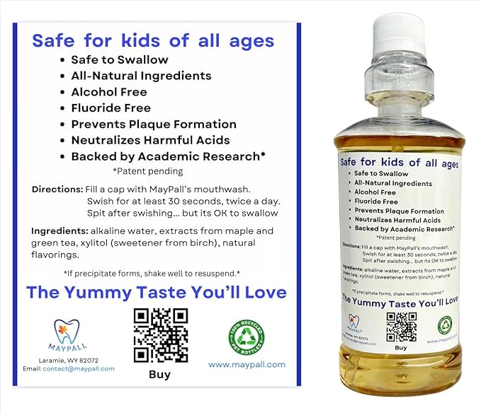 MayPall Watermelon Flavored Kid's Mouthwash, Safe to Swallow, Natural, Promotes Healthy Teeth, Gentle Taste, No Burn, Fluoride Free, Alcohol Free, 16.9oz (Pack of 2).