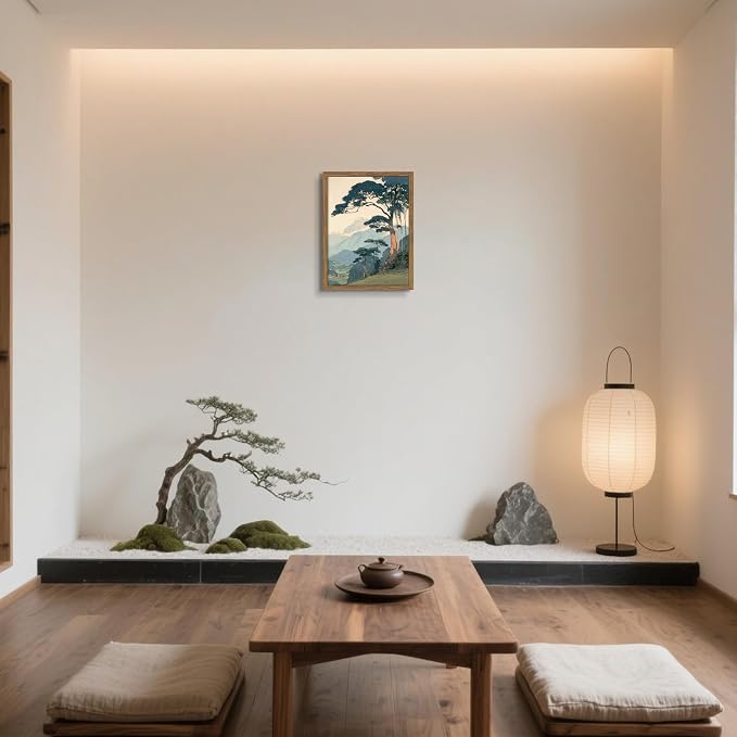 Vintage Japanese Forest Framed Canvas Wall Art – Tranquil Mountain Landscape Painting Print, Retro Nature Tree Scene Decor for Living Room Bedroom Nursery Office Home 12x16 inch