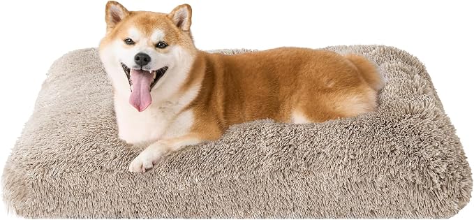 EHEYCIGA Fluffy Dog Crate Bed for Large Dogs, Plush Faux Fur Pad, Taupe | Calming Anti Anxiety Large Dog Crate Bed, Washable Soft Warm Mat with Non-Slip Bottom