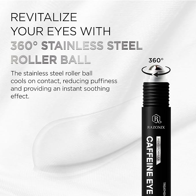 RAZONIX Eye Roller for Puffy Eyes, Caffeine Eye Serum for Dark Circles, De-Puffing Treatment for Men and Women, 0.5 Fl Oz (Medium, Unscented)