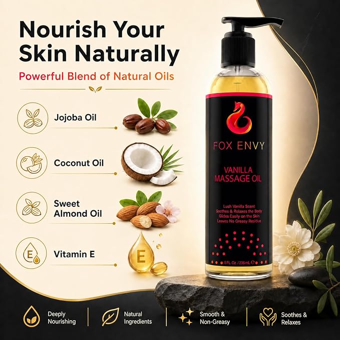 Body Massage Oil: Massage Oil for Massage Therapy, Premium Massaging Oil-Lush Vanilla Scent with Jojoba & Coconut, Therapeutic Oil 1Bottle, 8 fl oz