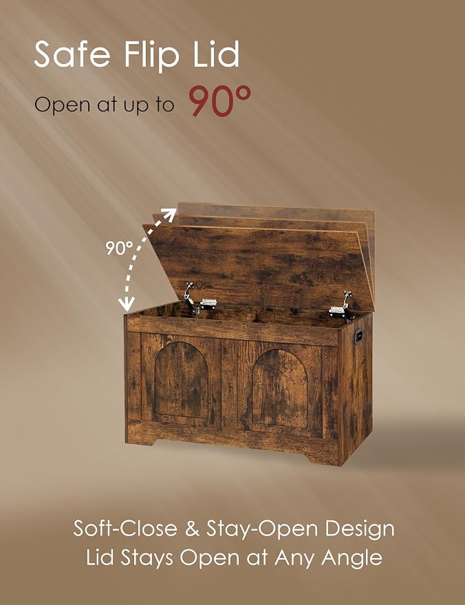 Storage Chest, Wooden Toy Box, Rustic Brown 31.5" L | Entryway Shoe Bench, 2 Soft-close Hinges, Finger-safe Flip-Top Lid, Easy Assembly, Farmhouse Large Trunk, Living Room/Bedroom