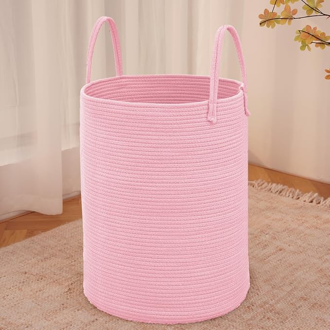 JMvicyroam 100L Cotton Rope Laundry Basket Hamper, Pink | Collapsible laundry basket, reinforced handles, freestanding, machine washable, holds 3-5 thick blankets, clothes or toys