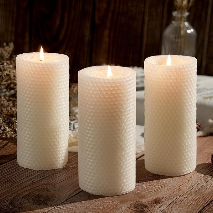 8 Pack Beeswax Pillar Candles, 360 Hours Handmade Large Pillar Beeswax Candles Handcrafted Honeycomb Unscented Bees Wax Candle for Home, Prayer(2.8x6 in)