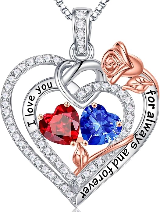 Iefil Valentines Day Gifts for Her Wife - 925 Sterling Silver Double Birthstone Necklace, Anniversary Birthday Gifts for Women, Jewelry Gift for Wife Girlfriend Mom Her