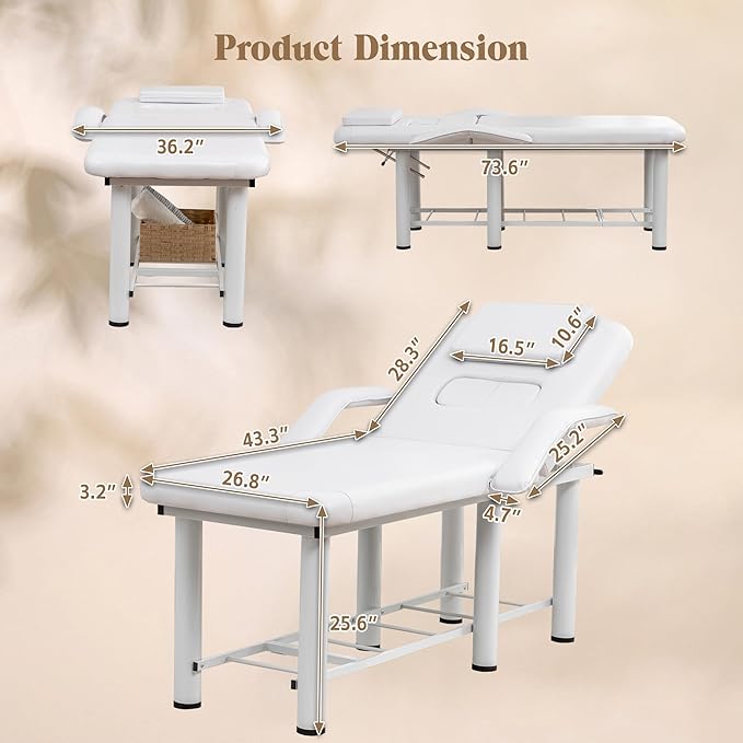 Professional Massage Bed with Armrests Stationary Adjustable Massage Table Spa Bed 73" x27” Physical Therapy Table with Memory Foam Salon Bed w/Removable Headrest White