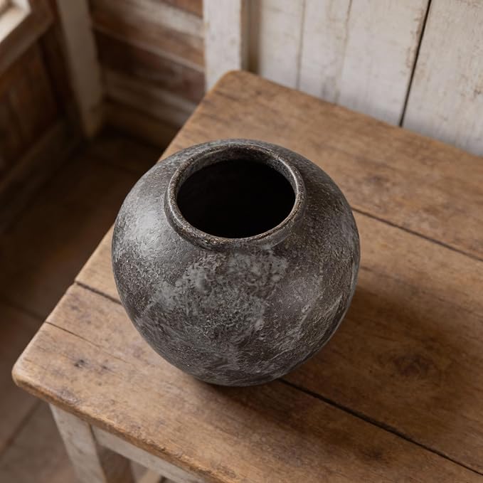 Rustic Ceramic Vintage Farmhouse Vase for Decor (Large Brush Black) | 8.8'' Distressed Stone Vase Home Decor, Decorative Terracotta Round Clay vase for Living Room, Table, Shelf, Kichen Décor