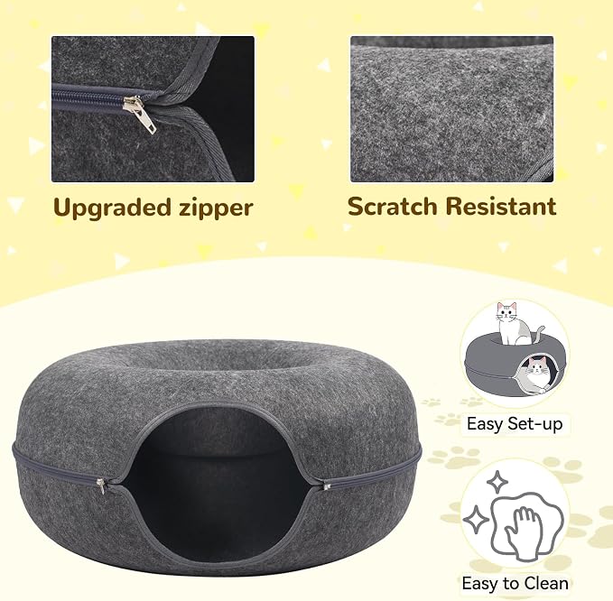 Cat Caves for Indoor Cats, Large Cat Tunnel for Multiple & Large Cats, Scratch Detachable Cave Bed, Kitten Donut Kitty Hideaway Up to 45 Lbs (Dark Grey, Large, 1 Pack)