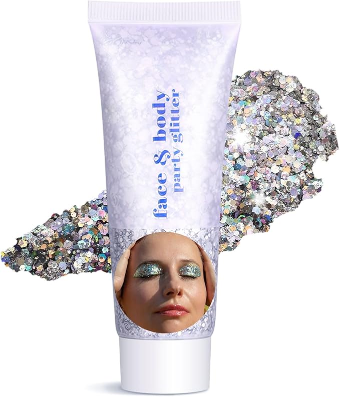 Body Glitter Gel - Christmas Gifts for Kids and Women, Sparkly Chunky Glitter Hair, Singer Concert Festival Rave Accessories (Silver Body Glitter)