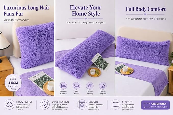 REAFORT Long Hair Faux Fur Body Pillow Cover 21"x54", Hidden Zipper (Lilac) | Ultra-soft long hair faux fur with a hidden zipper offers luxurious comfort and is machine washable for easy care.