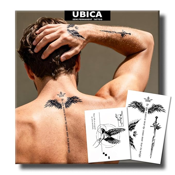 Semi Permanent Tattoos, 2 Sheets Large Realistic Crown Weight Quotes Wings & Hummingbird Temporary Tattoos for Men Back Chest Women Arms Calf, 2 Weeks Fake Tattoos, Waterproof and Non-Reflective