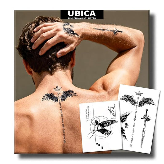 Semi Permanent Tattoos, 2 Sheets Large Realistic Crown Weight Quotes Wings & Hummingbird Temporary Tattoos for Men Back Chest Women Arms Calf, 2 Weeks Fake Tattoos, Waterproof and Non-Reflective