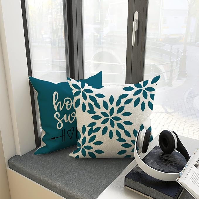 YCOLL Pillow Covers 18x18 Set of 4, Modern Sofa Throw Pillow Cover, Decorative Outdoor Linen Fabric Pillow Case for Couch Bed Car,Teal