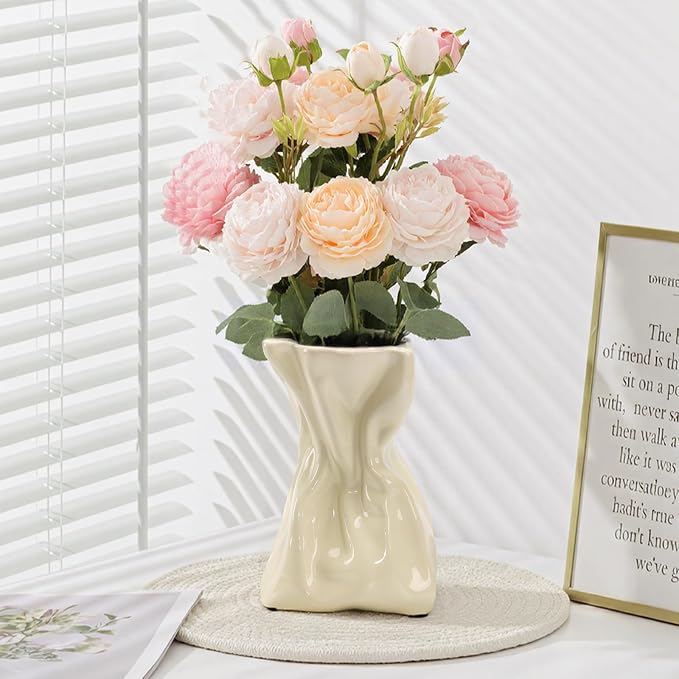 7.6 Inch Glossy Cream Ceramic Vase, Unique Crinkled Paper Bag Vase for Flower, Boho Vases for Home Decor, Wedding Centerpiece Table, Decorative Flower Vases for Entryway, Kitchen, Living Room