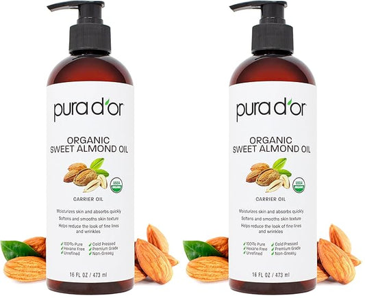 PURA D'OR 16 Oz ORGANIC Sweet Almond Oil-100% Pure & Natural USDA Certified Cold Pressed Carrier Oil For DIY Beauty-Non-Greasy,Unscented,Hexane Free Moisturizer-Massage-Oil For Hair & Skin,(Pack of 2)
