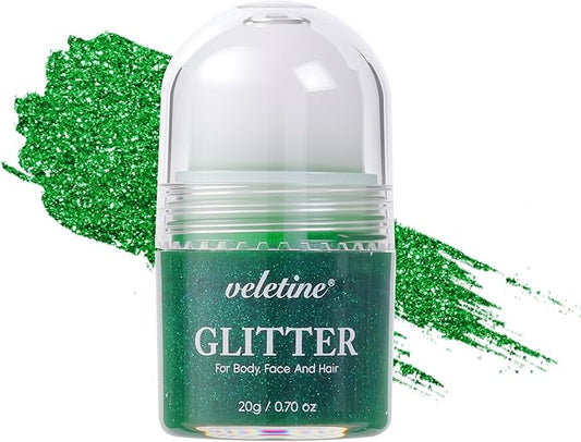 Body Glitter, Roll-on Glitter for Body, Face, Hair and Lip,Shimmer Three-Dimensional Glitter, Halloween Sparkling Body Contouring Highlight Makeup, 20g/0.7 oz (Green)