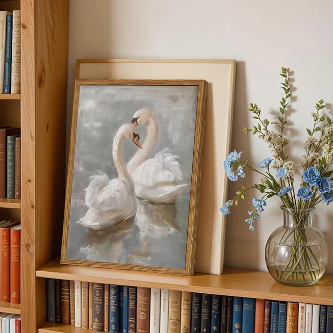 Framed Vintage Swan Canvas Wall Art, Romantic White Swan Paintings Wall Decor, Rustic Animal Pictures Prints Farmhouse Home Decor for Living Room Bedroom 12x16 inch