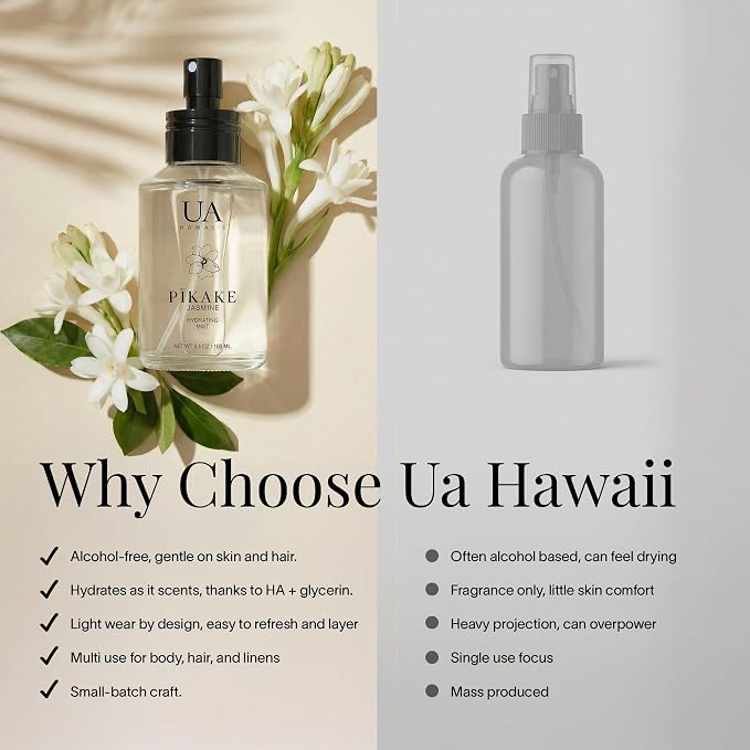Pikake Body and Hair Mist from Hawaii, Hair Perfume for a Light, Hydrating Refresh, Body Mist for Women and Men, Alcohol-Free, With Moisturizing Hyaluronic Acid & Glycerin, Glass Bottle, 3.4 oz