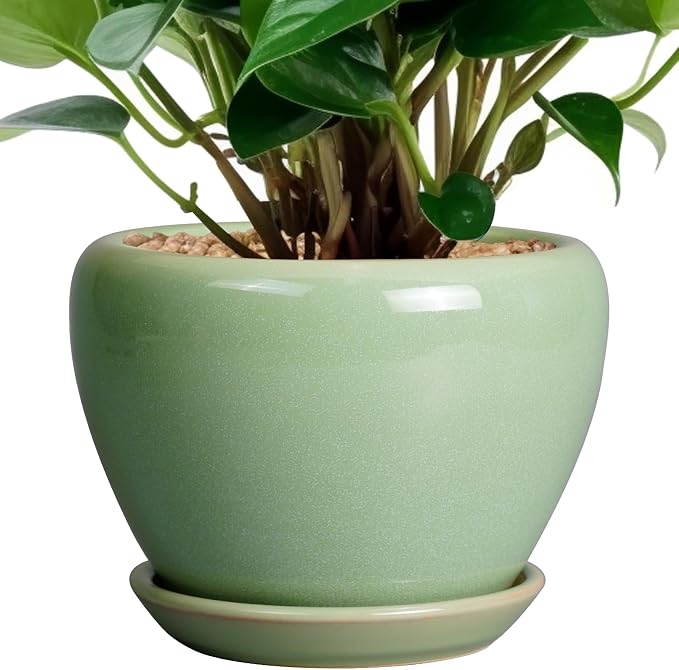 Ceramicfor 6 Inch Plant Pot - Ceramic Planter for Indoor Plants Round Planter Outdoor Plant Pot with Drainage Hole and Saucer Modern Flower Pot for Succulent Garden Green
