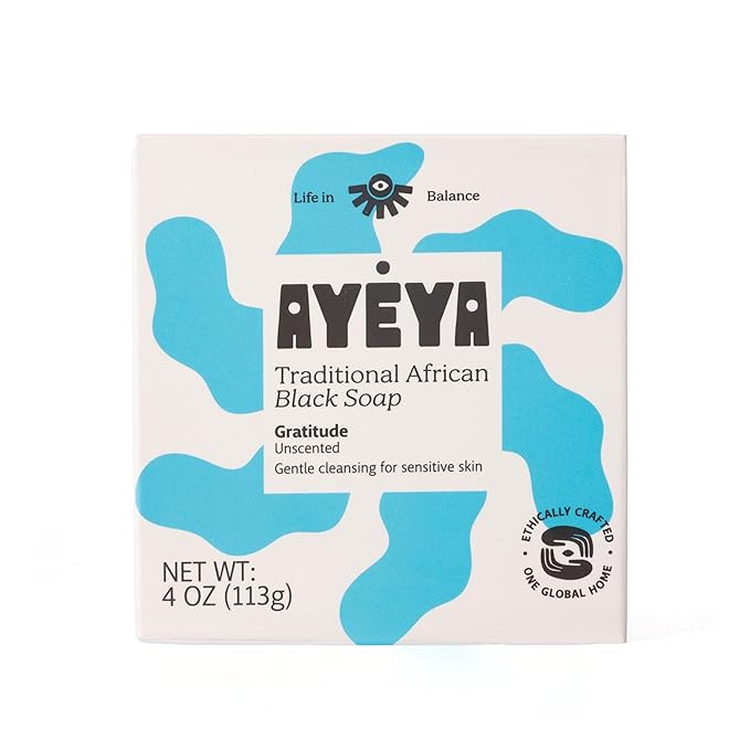 AYÉYA African Black Soap Bar, Fragrance Free (Gratitude) – Exfoliating Bar Soap for Dry, Combination, Sensitive, Acne-Prone Skin, 4 Oz