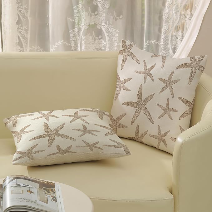 Brown Starfish Pillow Covers 20x20 Set of 2 Coastal Throw Pillows Spring Summer Nautical Ocean Theme Beach Decorative Pillow Cases Farmhouse Outdoor Decor Linen Cushion Case for Couch Sofa