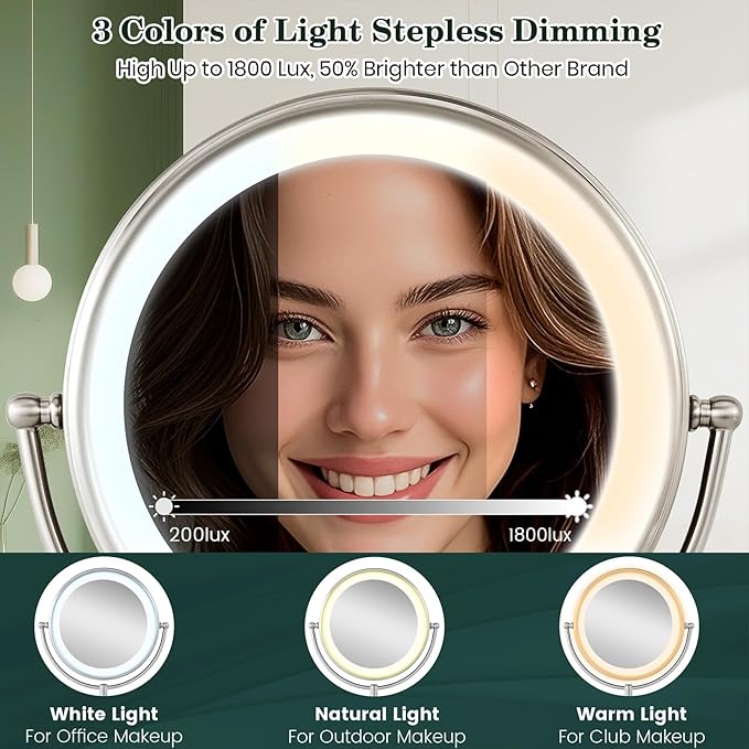 VESAUR 11.8" Extra Large 17" Tall Lighted Makeup Mirror, 1X/5X/10X 3-Sided Magnifying Mirror with 96 LEDs, 3 Color Dimmable Lights, 360° Swivel Dual Power Vanity Mirror, Nickel Finish Luxury Gift Box