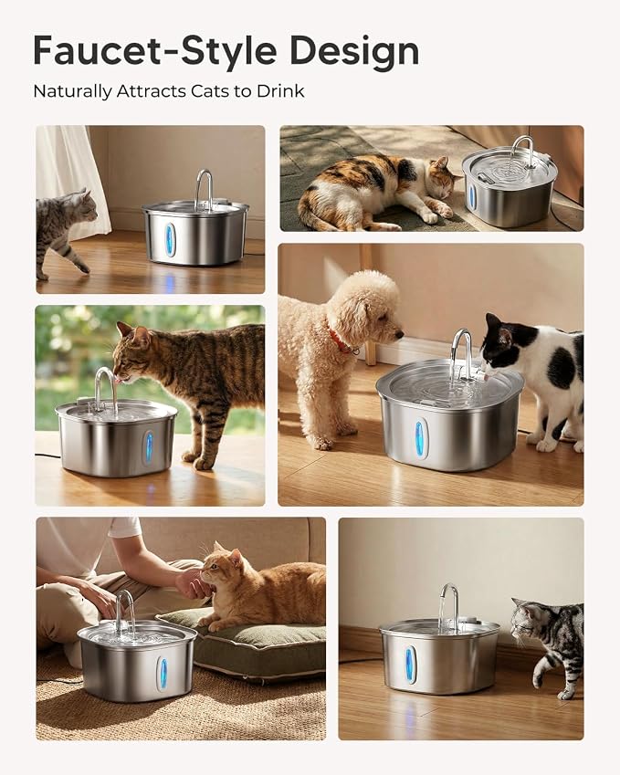 PEKTACO Stainless Steel Cat Water Fountain with 6 Filters, 3.2L/108oz | Cat drinking fountain, dishwasher safe, with triple filtration, quiet pump, and visible water window for cats and small pets