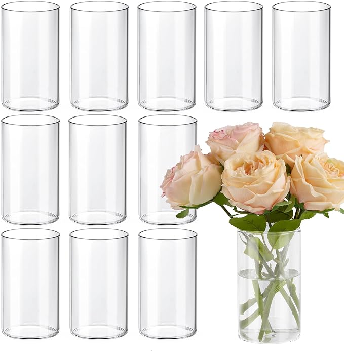 12pcs 6 Inch Clear Glass Cylinder Vases for Centerpieces | Flower Vases for Wedding, Home & Party Decor, Hurricane Floating Candle Holders for Table & Shelf