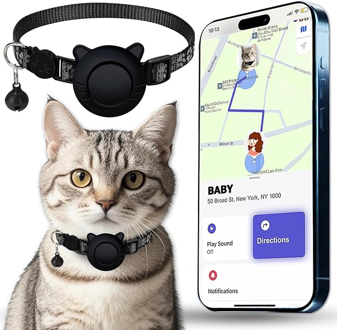 GPS Tracker for Cat Tracker Collar Waterproof Airtag Compatible with Apple Find My (iOS ONLY) No Monthly Fee Breakaway Design Reflective Pattern Bell Black Durable Cat Tracking