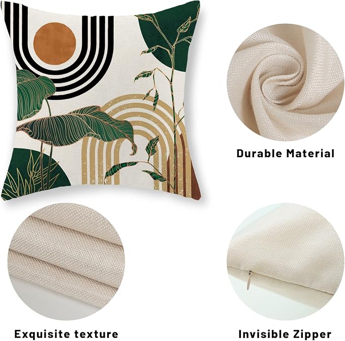 Boho Green Pillow Covers 18x18 Set of 2 Green Gold Leaf Tropical Mid Century Throw Pillows Outdoor Bohemian Modern Decorative Pillowcase Farmhouse Linen Cushion Case for Couch Sofa Decor