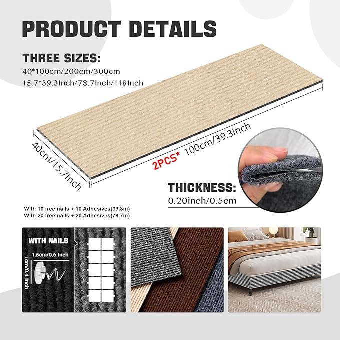 Cat Scratching Carpet Mat, Self-Adhesive Couch Furniture Protector | 78.7x15.8In Thickened, Cat Scratch Post/Tree Covered Pad Replacement, Shield for DIY Shelf Steps Couch Corner Wall, Khaki