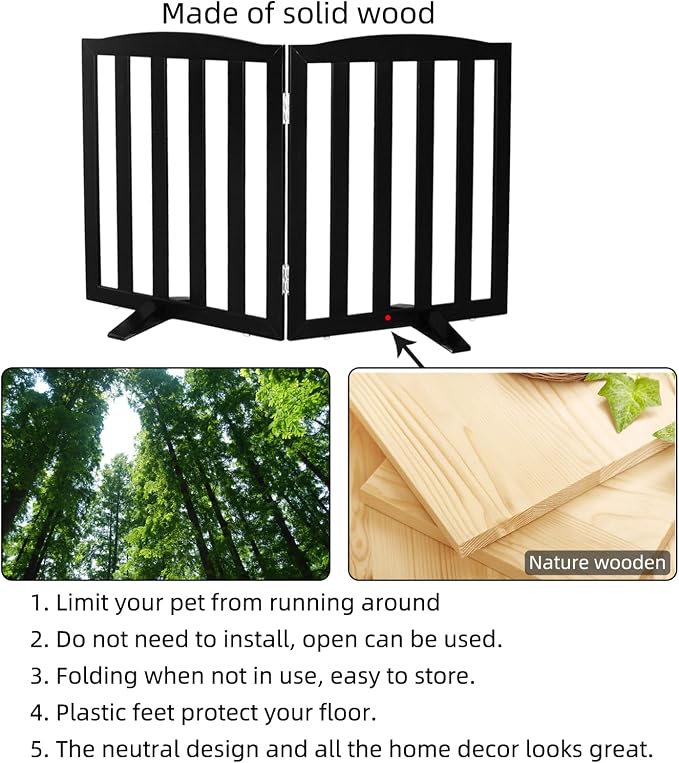 ZJSF Foldable Freestanding Indoor Dog Gate for House Wood Long Pet Gates Dog Fence for Stairs Puppy Gates for Hallways, Puppy Gate,Support Feet Included, Black, 24 "Height-2 Panels