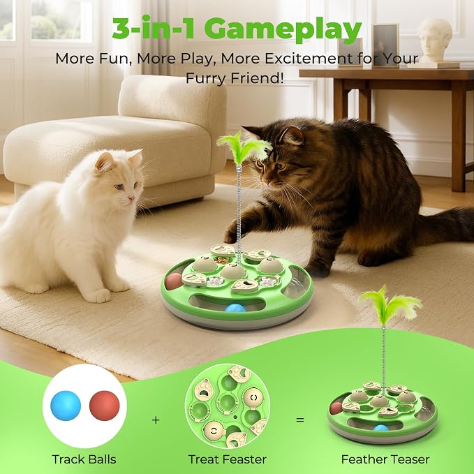 Cat Puzzle Feeder, 3 in 1 Interactive Cat Treat Puzzle Toy with Track Balls, Feather Teaser & Slow Feeder Insert, Non-Slip Base, Level 3 Mental Stimulation Enrichment Toy for Bored Indoor Cats