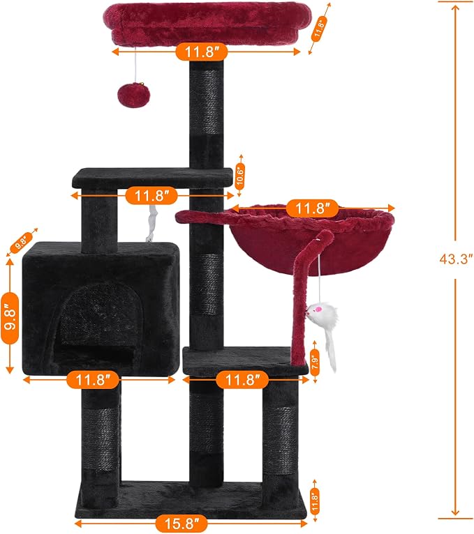 Heybly Cat Tree with Toy, 43.3 inch Cat Tower for Indoor Cats HCT004SBR | Cat Condo with Durable Sisal Scratching Posts, Cat House with Padded Plush Perch, Cozy Hammock, Black and Red